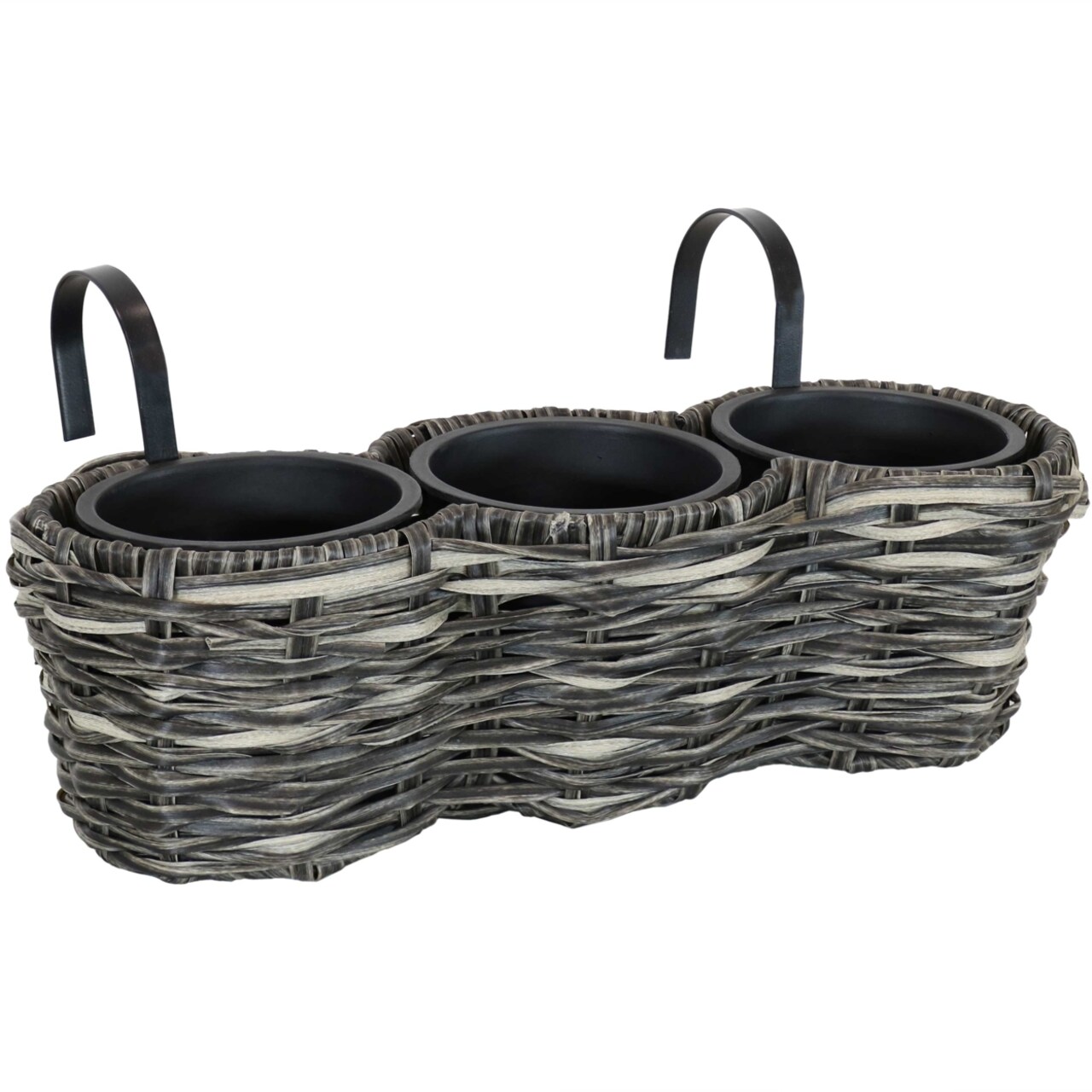 Sunnydaze Polyrattan Hanging Over-The-Rail Tri-Planter And Liner - Charcoal